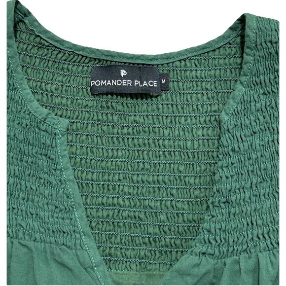 Pomander Place Dress sz M Ceci Smocked Long Sleeve Green Tiered Cotton Mini Boho - Picture 7 of 10